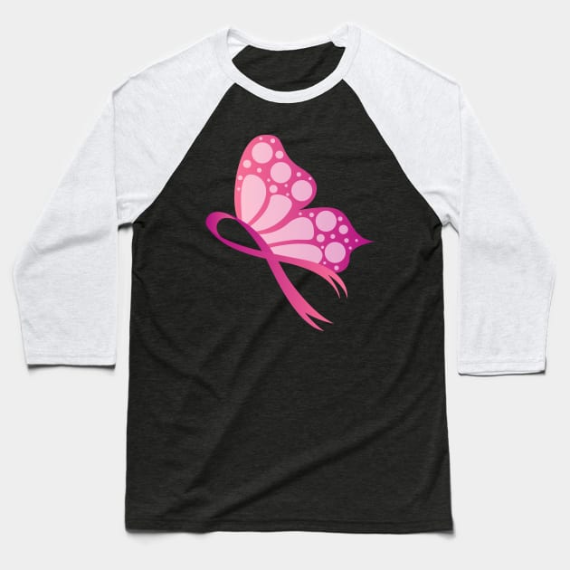 Pink Butterfly Ribbon Breast Cancer Supporter Baseball T-Shirt by ScottsRed